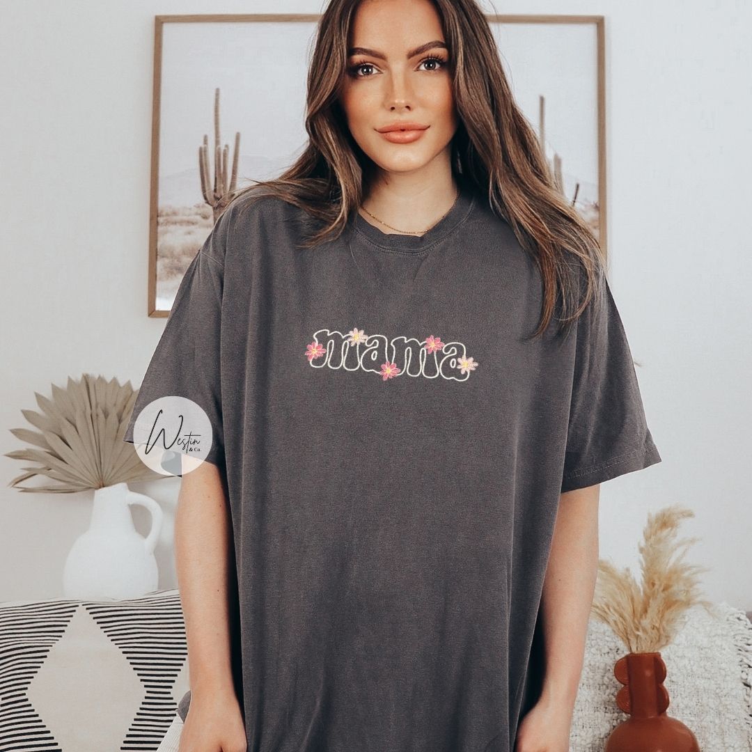 Floral Embroidered Mama Tee – Comfort Colors Shirt (S–2XL)