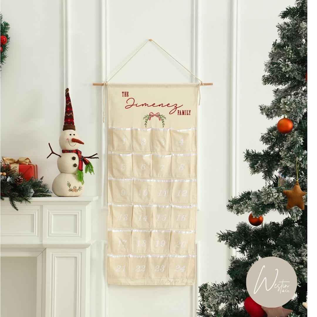 Advent Calendar Personalized Embroidered – Family Name or Merry Christmas Design (Canvas Hanging, 24 Pockets)