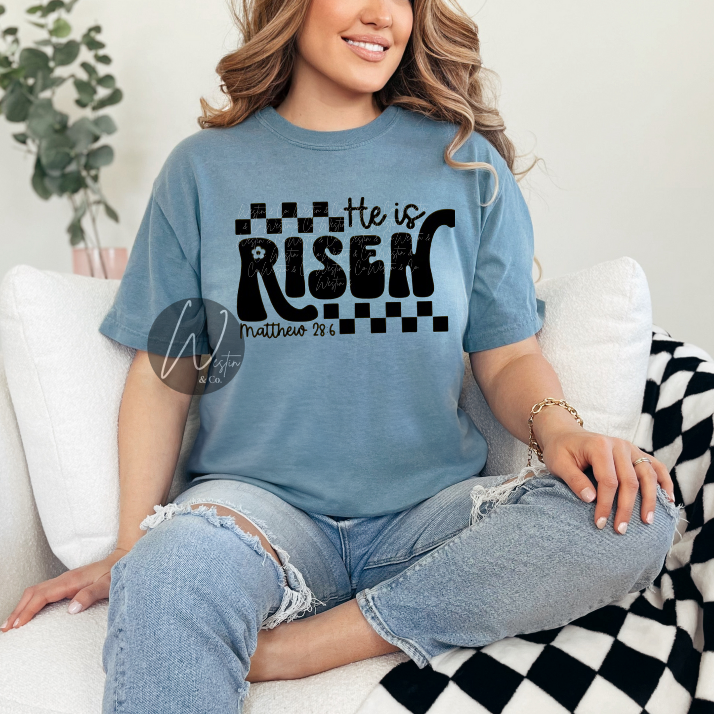 He Is Risen Checkered Tee