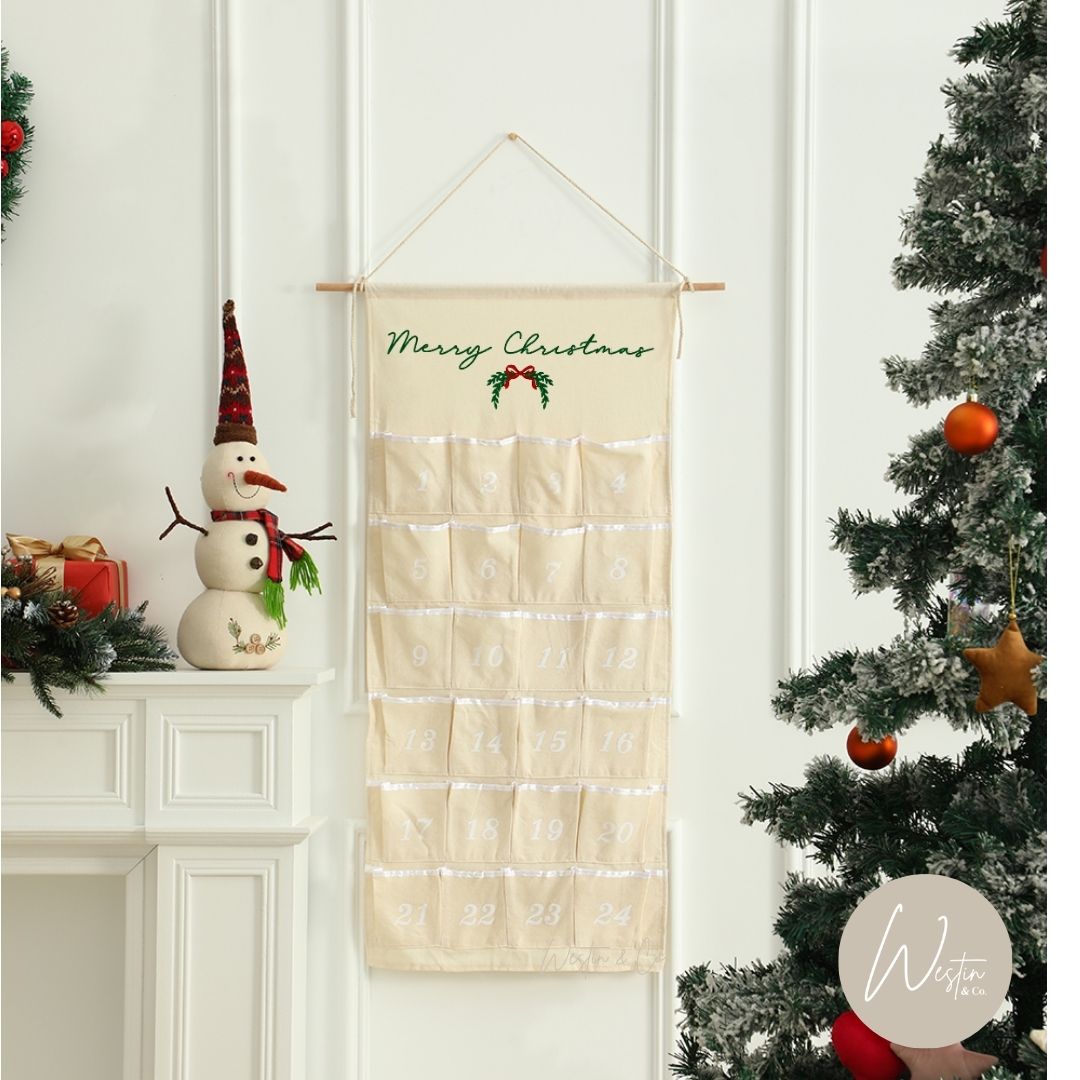 Advent Calendar Personalized Embroidered – Family Name or Merry Christmas Design (Canvas Hanging, 24 Pockets)