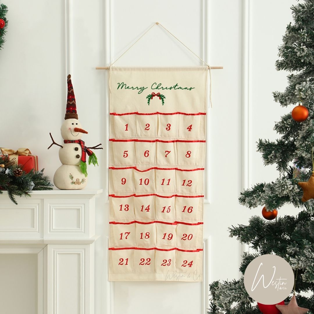 Advent Calendar Personalized Embroidered – Family Name or Merry Christmas Design (Canvas Hanging, 24 Pockets)