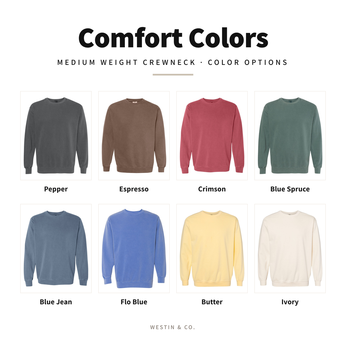 Comfort Colors medium weight crewneck color options
