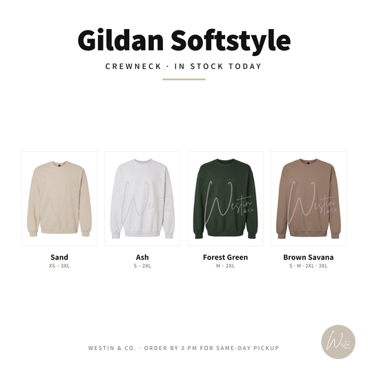 Gildan Softstyle crewneck colors and sizes in stock today