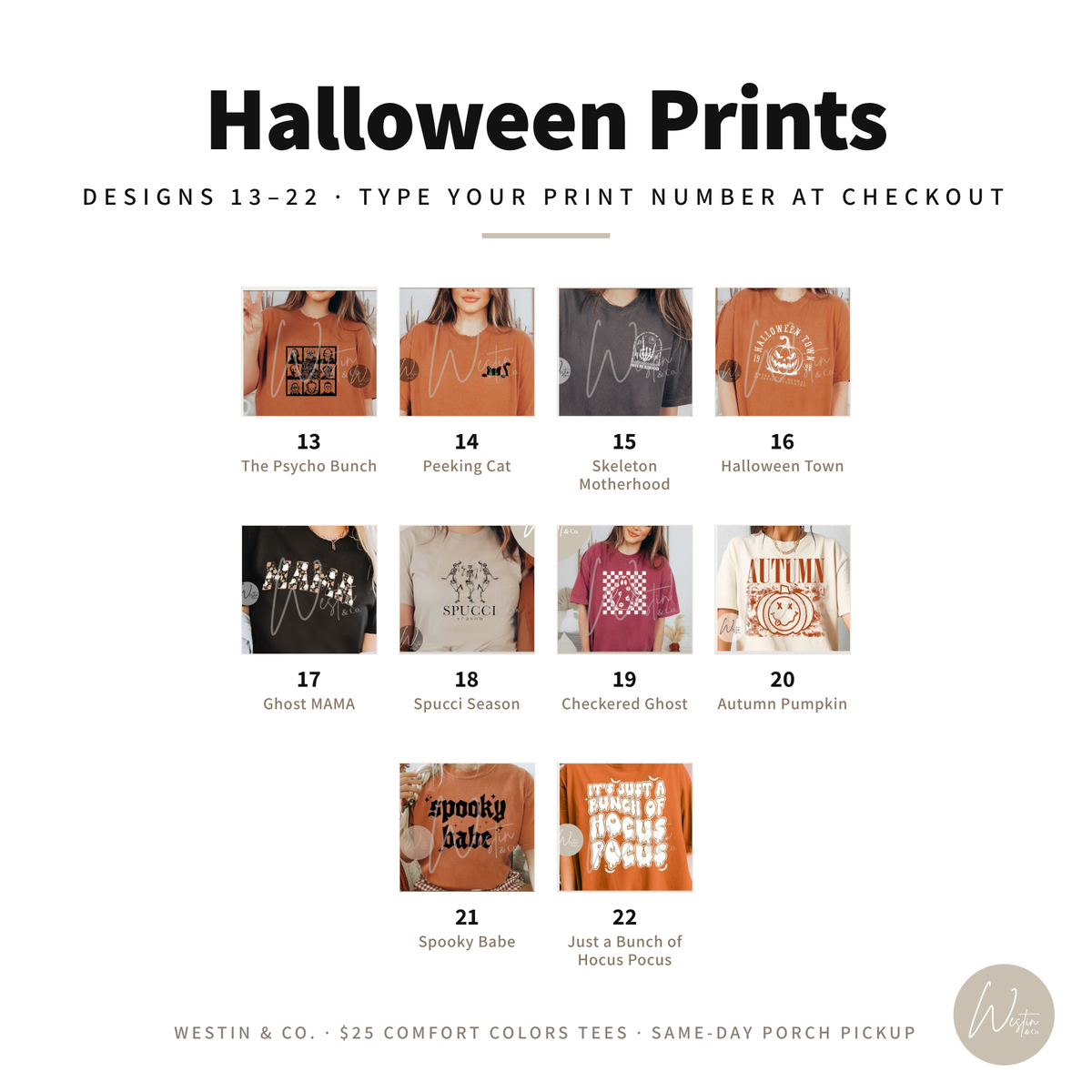 Halloween print designs 13 to 22 with numbers