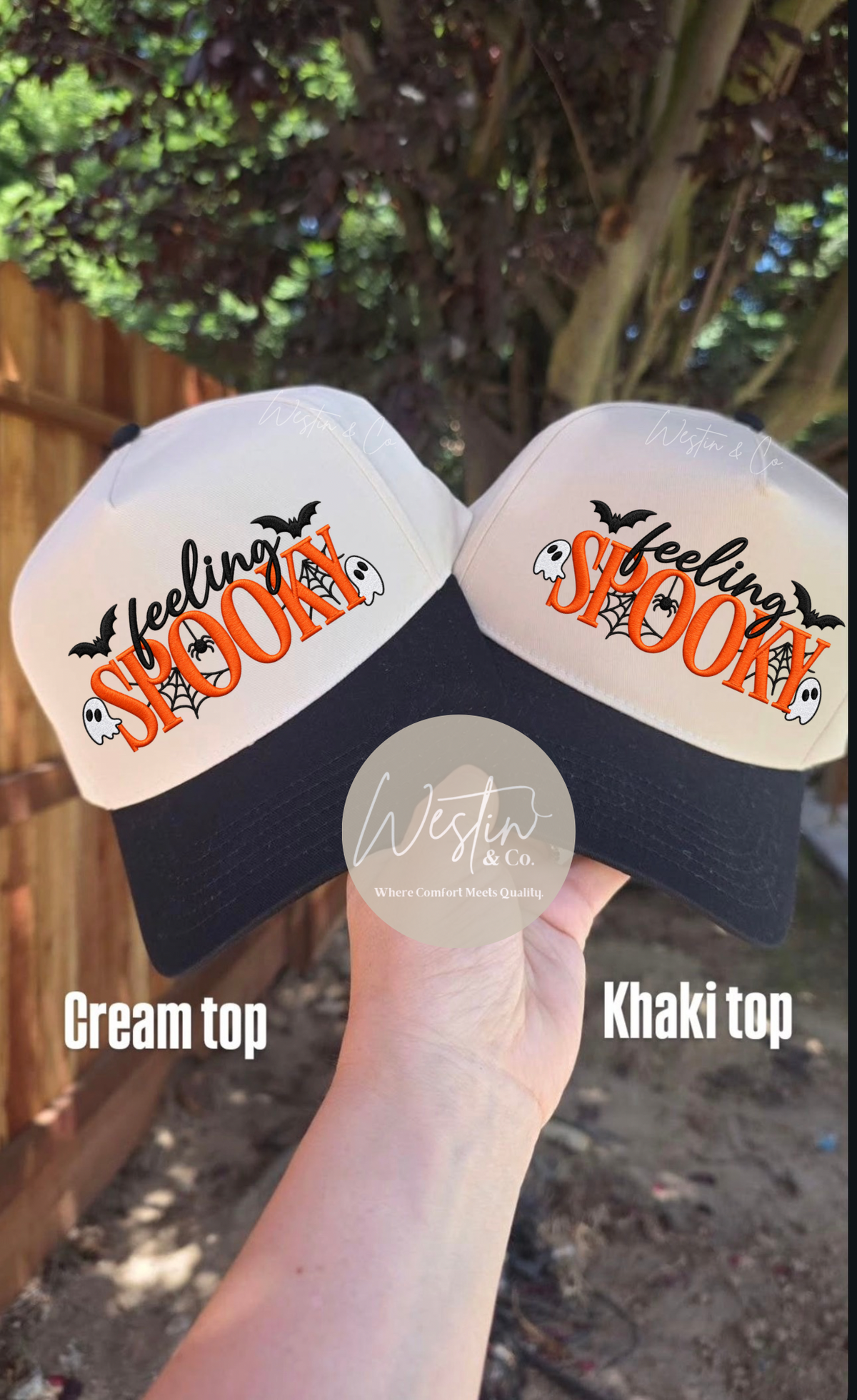 Feeling Spooky embroidered design on cream top and khaki top hats with black brims