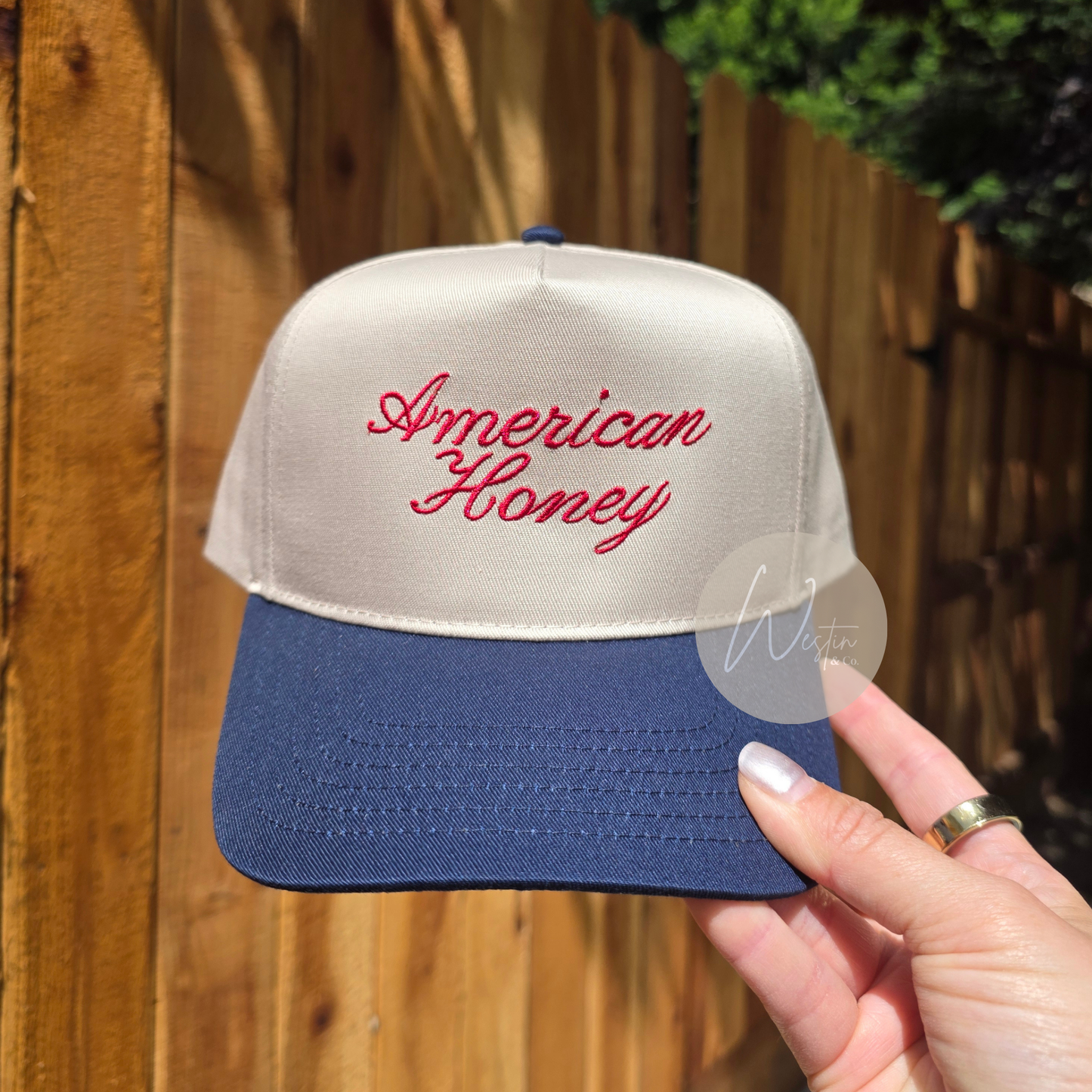 American Honey Hat | Cursive Embroidered | Khaki & Navy Trucker Hat